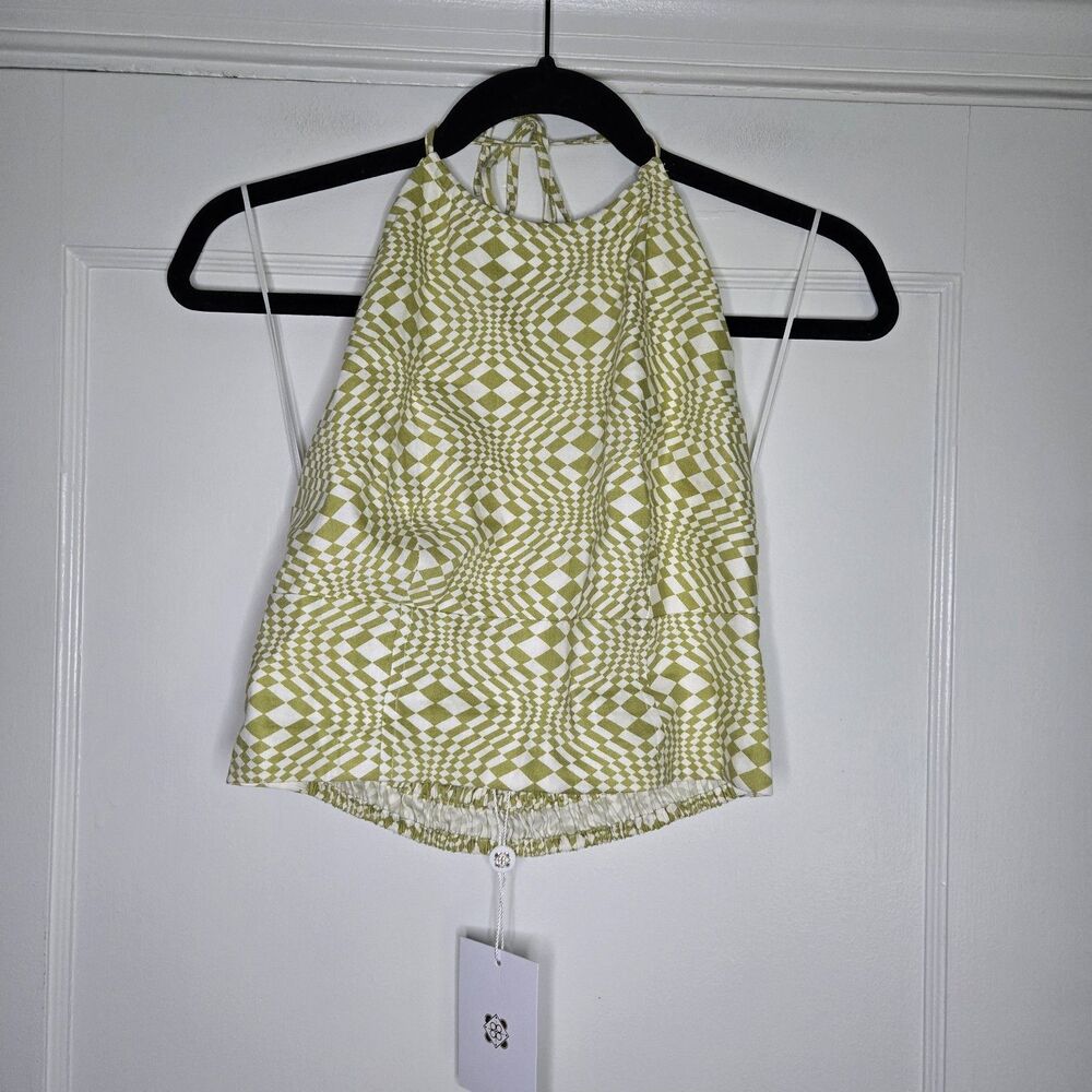 WAYF Linen Halter Top Green White Womens NWT Coastal Boho Summer Top